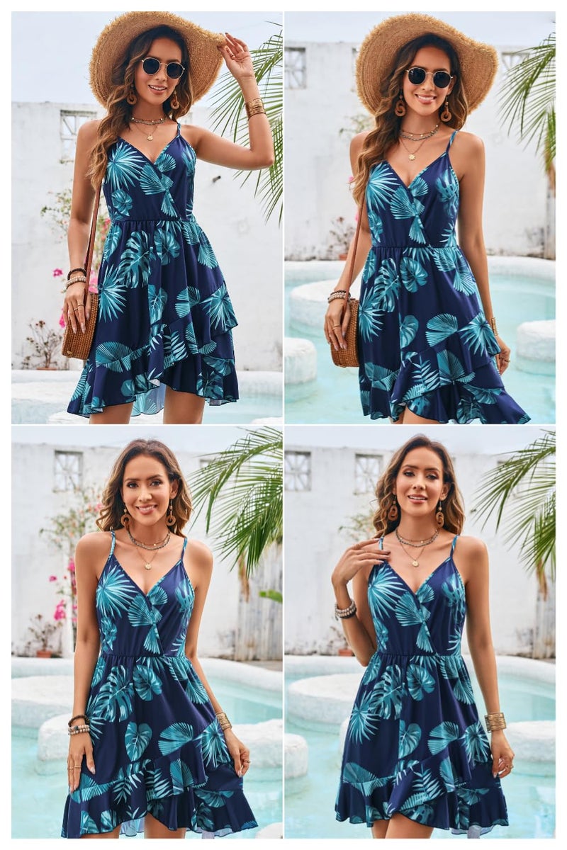 ULTRANICE Womens Summer Dresses Sundresses Casual Spring Trendy Flowy Wrap Midi Beach Wedding Guest Vacation Outfits Clothes V Neck Spaghetti Strap Dress(Blue Blue Green Floral,S) - Image 4